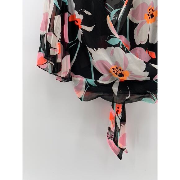 EXPRESS Women's Black Floral Print Sheer Wrap Tie Long Pleated Sleeve Top SZ L - Picture 7 of 12